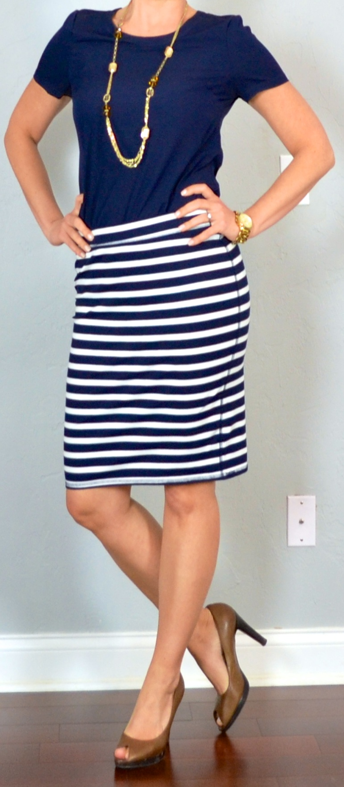 outfit post: navy blouse, striped jersey pencil skirt, brown peep toed ...
