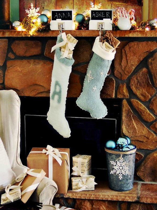 Cool  Classic Christmas fireplace decoration with socks candles bells stars