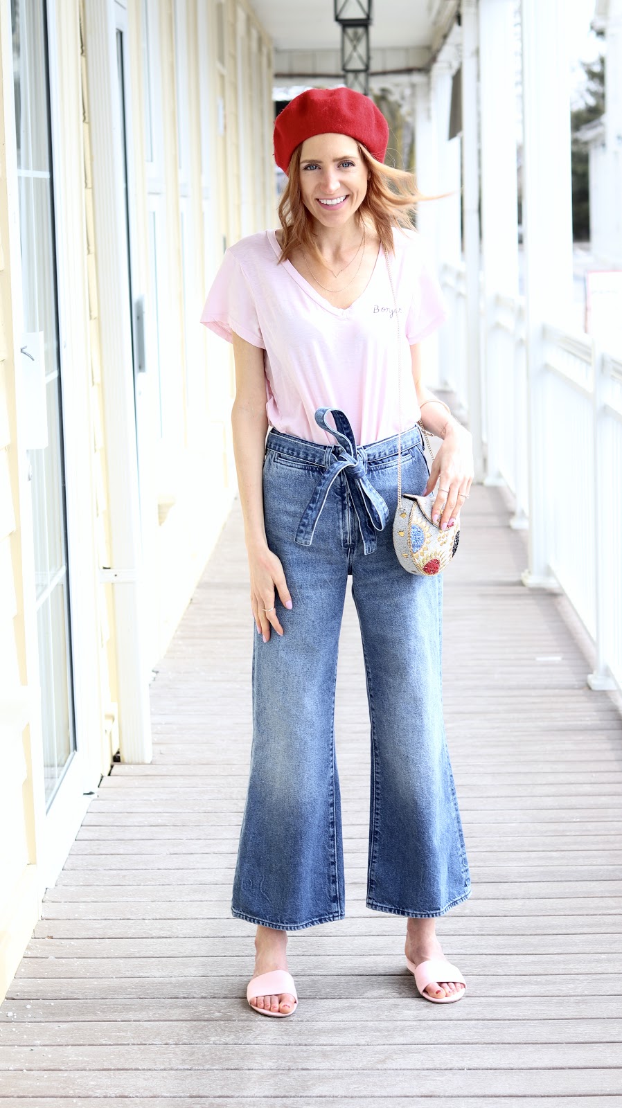 Wide High Waist Jeans H&M, Spring Denim Trends 2018, Pastels & Pastries, Red Beret, Boujour tee shirt Sundry, Soukh bag, spring style
