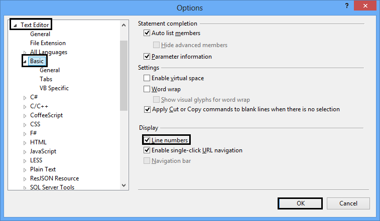 Microsoft Visual Studio V2012: Display Line Numbers in the Text Editor ...