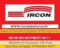 IRCON International Limited Recruitment 2017-146 Work Engineer & Site Supervisor
