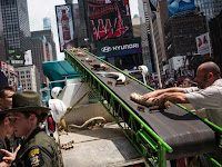Funcionários do Departamento de Vida Selvagem dos EUA colocam peças de marfim em máquina trituradora na Times Square, em Nova York, na sexta (19) (Foto: Andrew Burton/Getty Images/AFP)