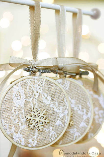 embroidery hoop, burlap and lace fabric, wooden tones