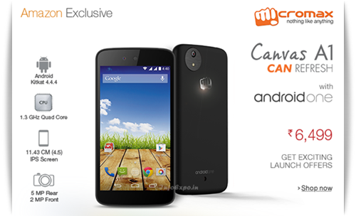 Micromax Canvas A1: 4.5inch, 1.3 Ghz Android One Smartphone for Rs.6499 