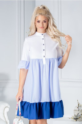 Rochie Pretty Girl Letty alb si bleu cu patratele si volanase Rochie Pretty Girl Letty alb si bleu cu patratele si volanase