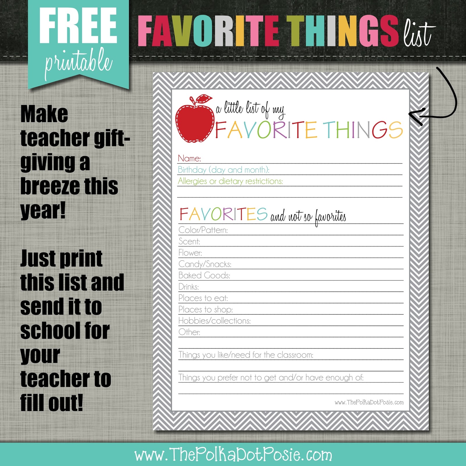 The Polka Dot Posie photo regarding Teacher Favorite Things Printable titled The Polka Dot Posie