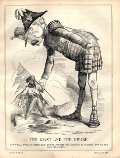 John Tenniel. Cartoon. Punch. August 5, 1854. The Allied Army of France and Great Britain (the Giant) urges Turkey (The Dwarf) to continue fighting, given its success against the Russian Army in the Danubian Principalities.