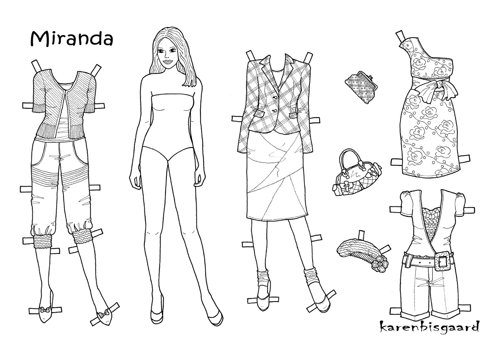 Karen`s Paper Dolls: Miranda 2 Paper Doll Onesheet to Colour. Miranda 2 påklædningsdukke til farvelægge.