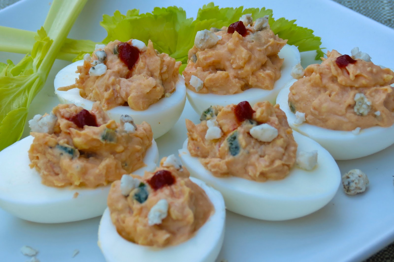 Dinner with the Welches Buffalo Chicken Deviled Eggs