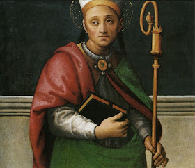 Herculanus, Bishop of Perugia, in a painting by the  artist Pietro Vannucci, known as Perugino