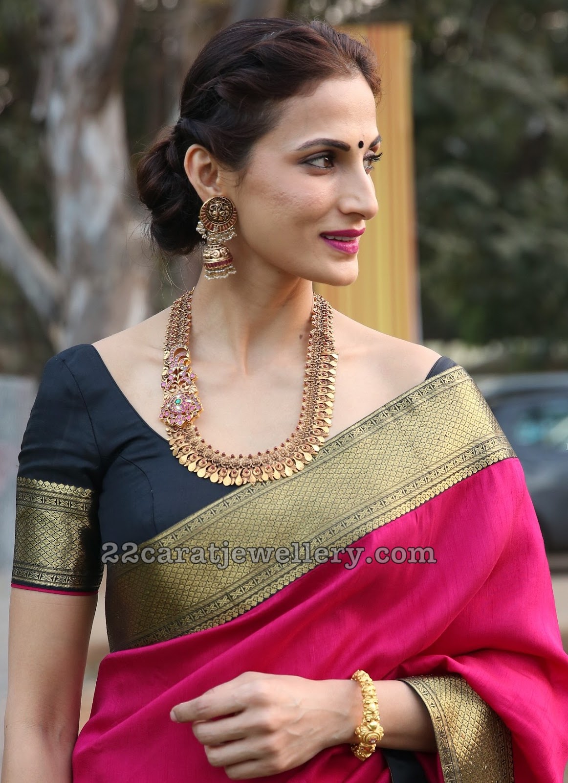 Shilpa Reddy in Antique Peacock Haram Ruby Jhumkas - Jewellery Designs