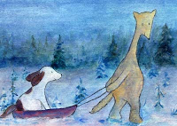 Sininen hetki / Blue moment Postcard illustration of Hulmu Hukka and Haukku Spaniel coming to home when there is a blue moment in a winter evening. Haukku is sitting in a sled.