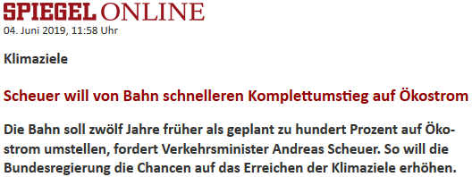Scheuer will von Bahn schnelleren Komplettumstieg auf Ökostrom Scheuer will von Bahn schnelleren Komplettumstieg auf Ökostrom