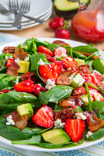 Strawberry and Avocado Spinach Salad in Raspberry Balsamic Vinaigrette Strawberry and Avocado Spinach Salad in Raspberry Balsamic Vinaigrette