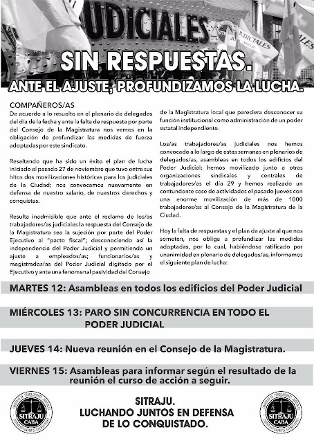 Los judiciales porteños nucleados en SITRAJU, anunciaron un paro sin concurrencia para este miércoles 13 de diciembre,
