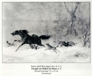 Lukisan Karya Raden Saleh dengan Judul Serangan Srigala di Musim Dingin Lukisan Karya Raden Saleh dengan Judul Serangan Srigala di Musim Dingin; Medium : Canvas, Oil paint; Tahun Pembuatan : 1807-1880; Dimensi Karya : 22 cm x 15 cm; Deskripsi : Judul diterjemahkan dari "Überfall von Wölfen im Winter, o. J.". Gambar berasal dari makalah von Werner Kraus berjudul "Raden Saleh: Ein Malerleben zwischen zwei Welten." (terjemahan bebas) "Raden Saleh: Seorang seniman yang hidup antara dua dunia", 2004, 2005.