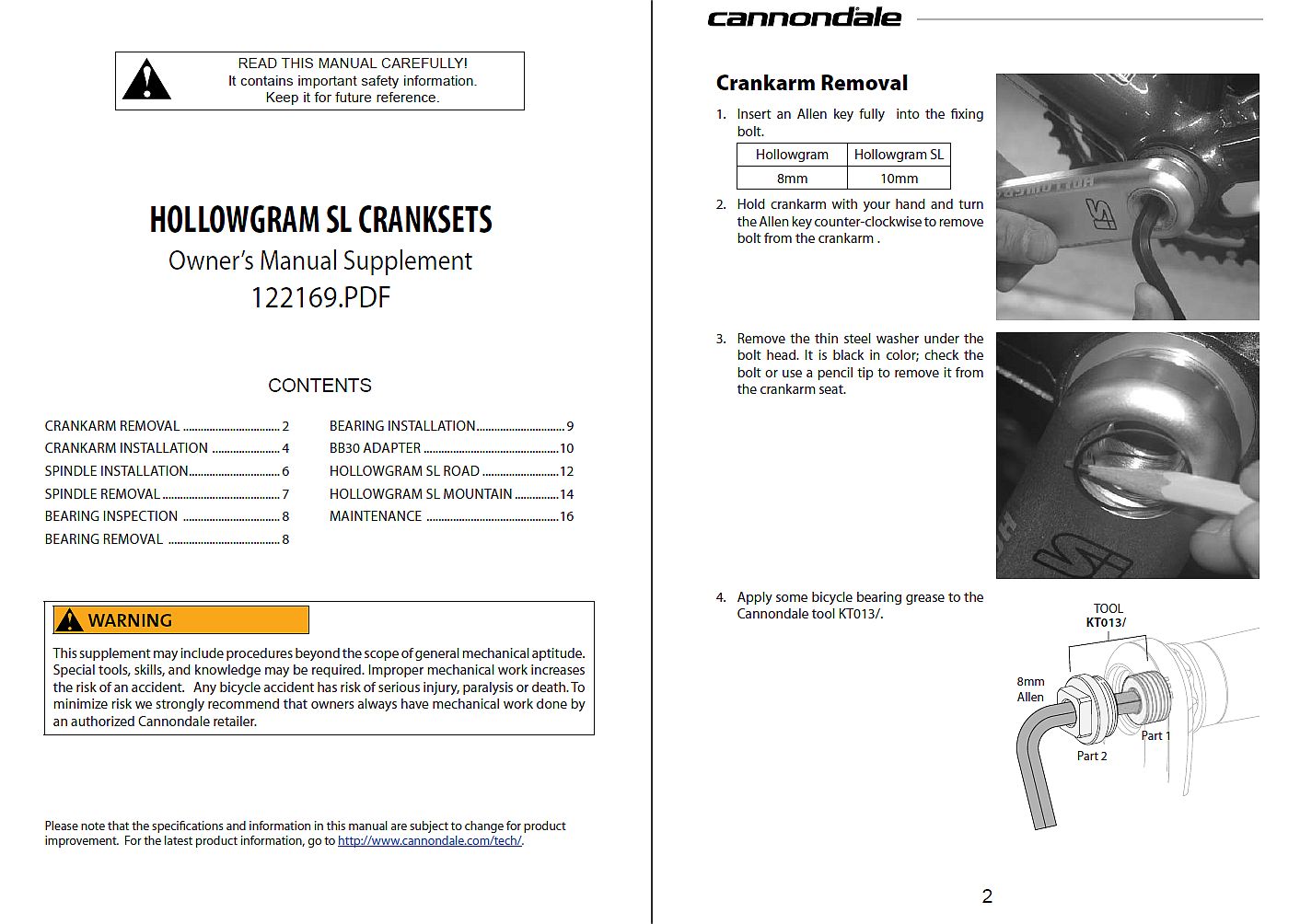 Cannondale Hollowgram SL Crankset Owner's Manual Installation and Removal