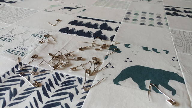 Little man woodland themed teal, navy, and gray baby quilt
