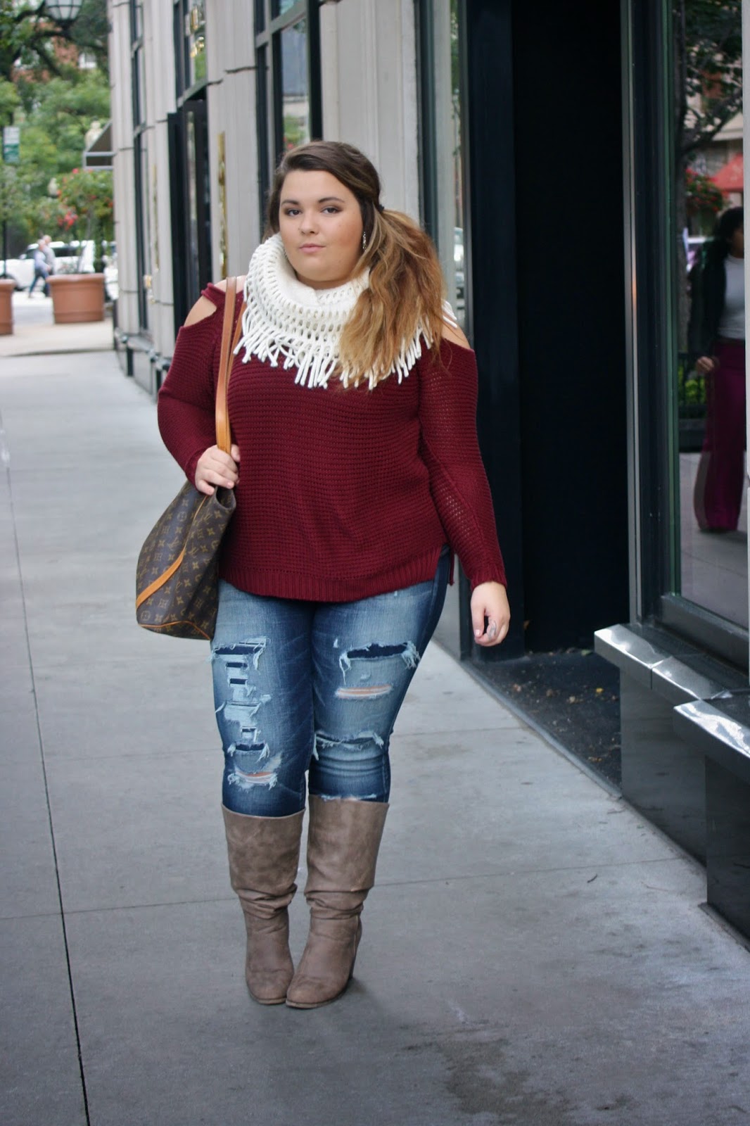 infinity scarf, fall colors, fall style, fall fashion, american eagle denim, forever 21, plus size fashion blogger, natalie craig, chicago, fashion blogger, natalie in the city, destroyed denim, boots, curvy fahionista, akira chicago, plus size boots, louis vuitton, side pony tail, thick hair styles, sweater cut-outs,