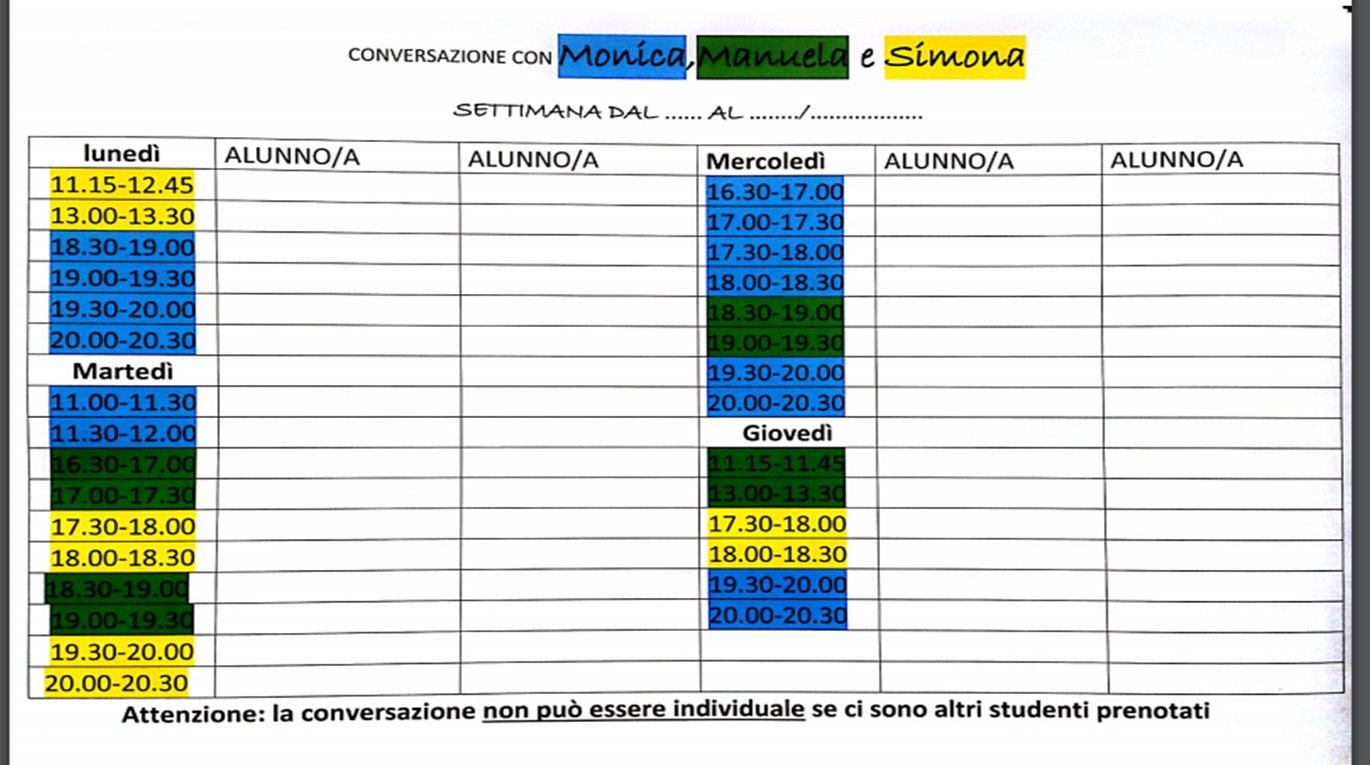 Edublog di Italiano ORARI DI CONVERSAZIONE CON LE LETTRICI MONICA, MANUELA E SIMONA Edublog di Italiano ORARI DI CONVERSAZIONE CON LE LETTRICI MONICA, MANUELA E SIMONA