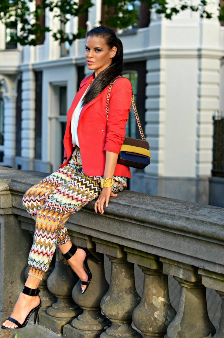 Red Zara blazer,aztec print pants,Supertrash bracelet,summer outfit