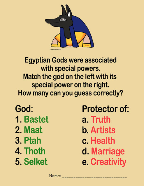 middle grade ancient Egypt Gods worksheet