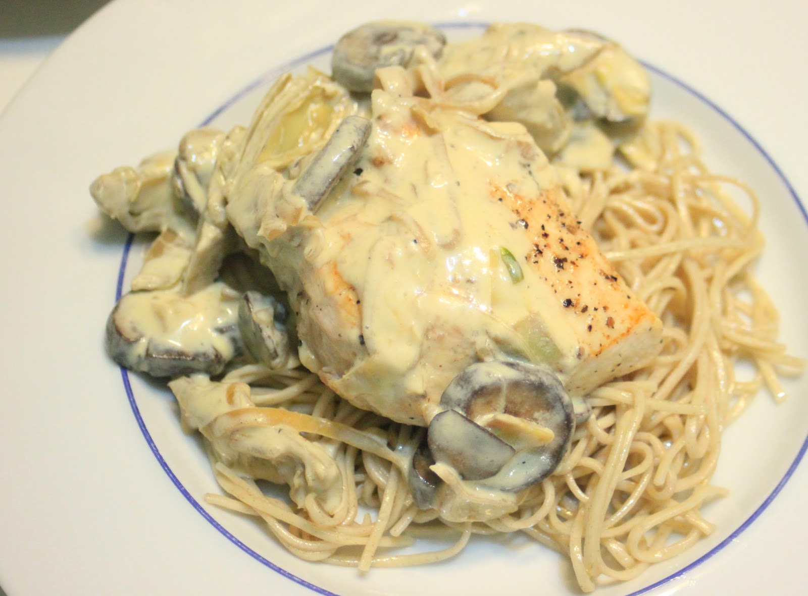 Good Clean Fun Dijon Chicken with Artichokes and Mushrooms over Soba