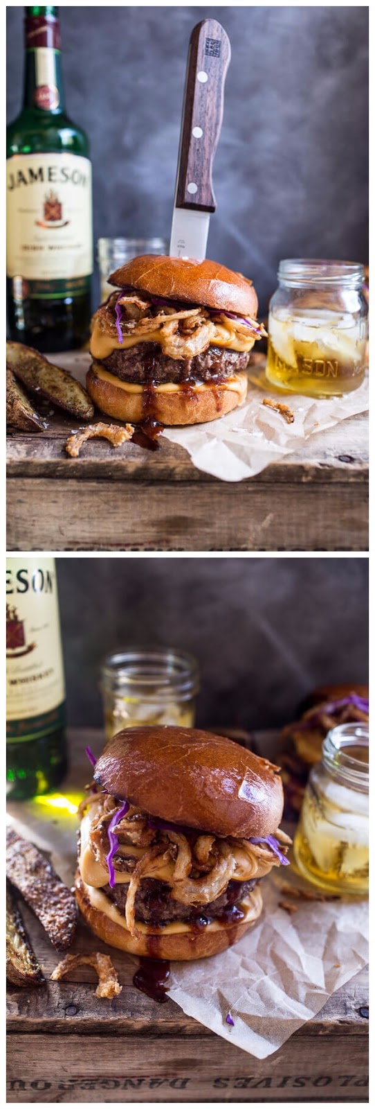 Jameson Whiskey Blue Cheese Burger with Guinness Cheese Sauce + Crispy