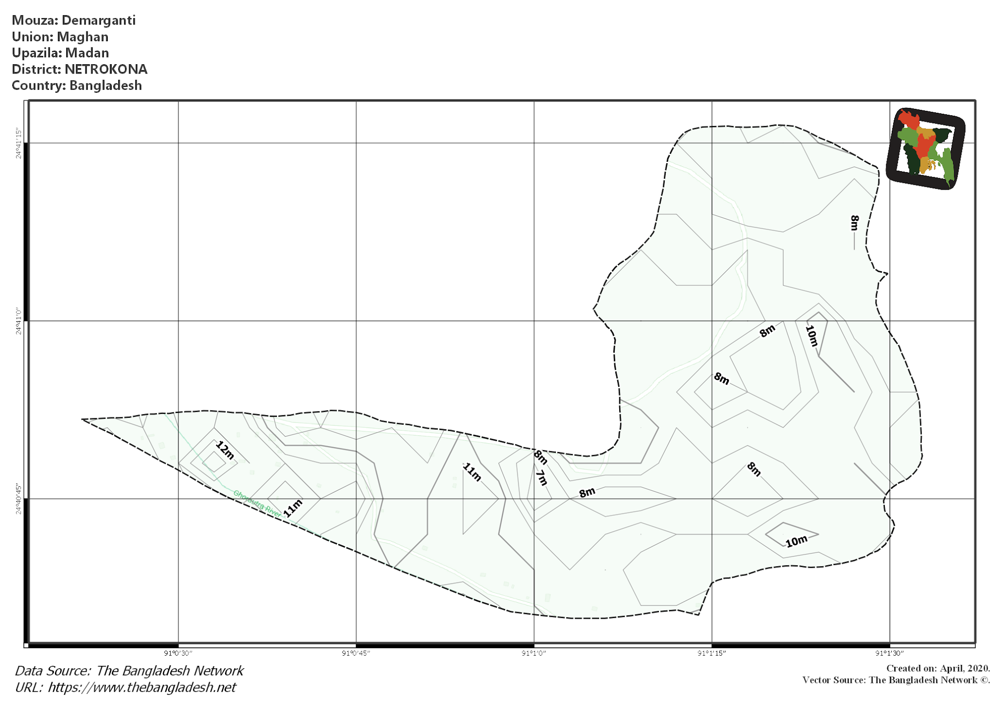 Map of Demarganti Mouza of Madan Upazila, NETROKONA, Bangladesh.