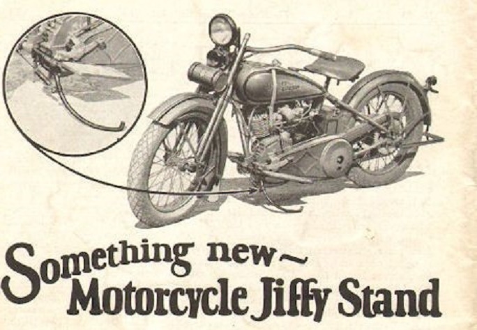 PUBLICITÉ AVEC UN HARLEY JDH 1927-28 - PREMIER JIFFY STAND EN OPTION