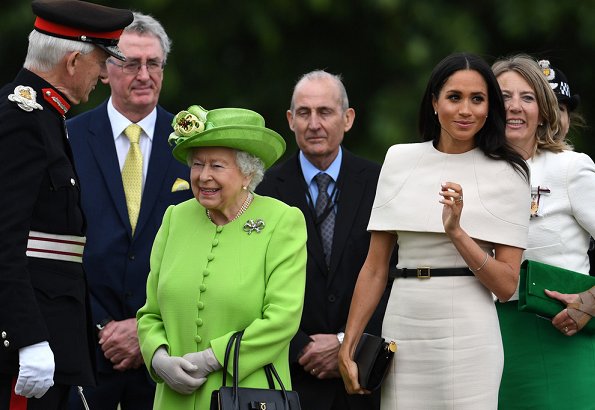 Duchess Meghan Markle is wearing bespoke Givenchy and Sarah Flint shoes, she carried Givenchy bag for today’s events in Cheshire