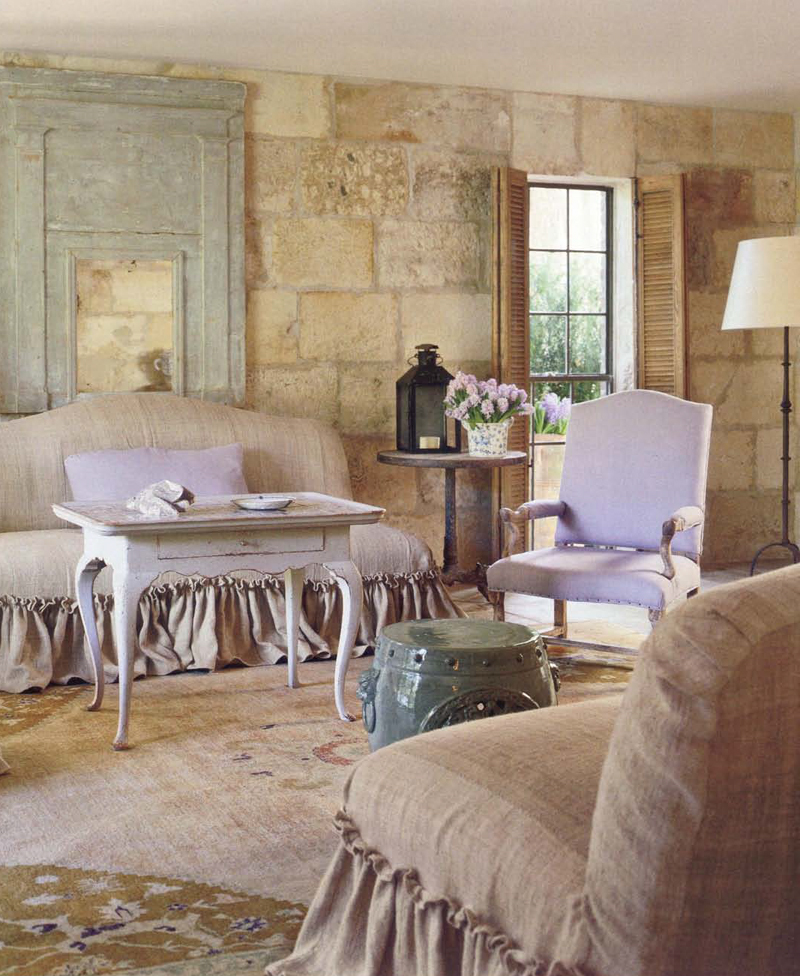 Chateau Domingue's Ruth Gay's exquisite home with design by Pamela Pierce, antiques, and construction with reclaimed stone and materials from Europe.