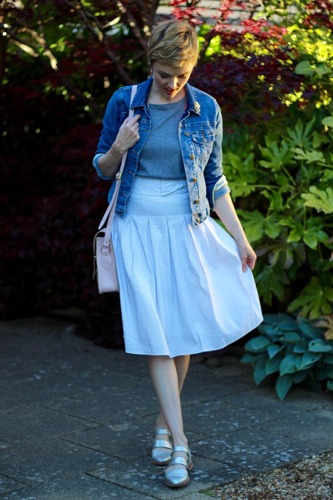 Denim jacket, ticking stripe full skirt and silver accessories | Fake Fabulous
