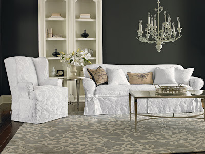 Sure Fit Slipcovers Winter Whites Shown Matele Damask One Piece Slipcovers For The Sofa Wing Chair And Pillows In White Add Elegance To Your Living E With Our Parisian Inspired