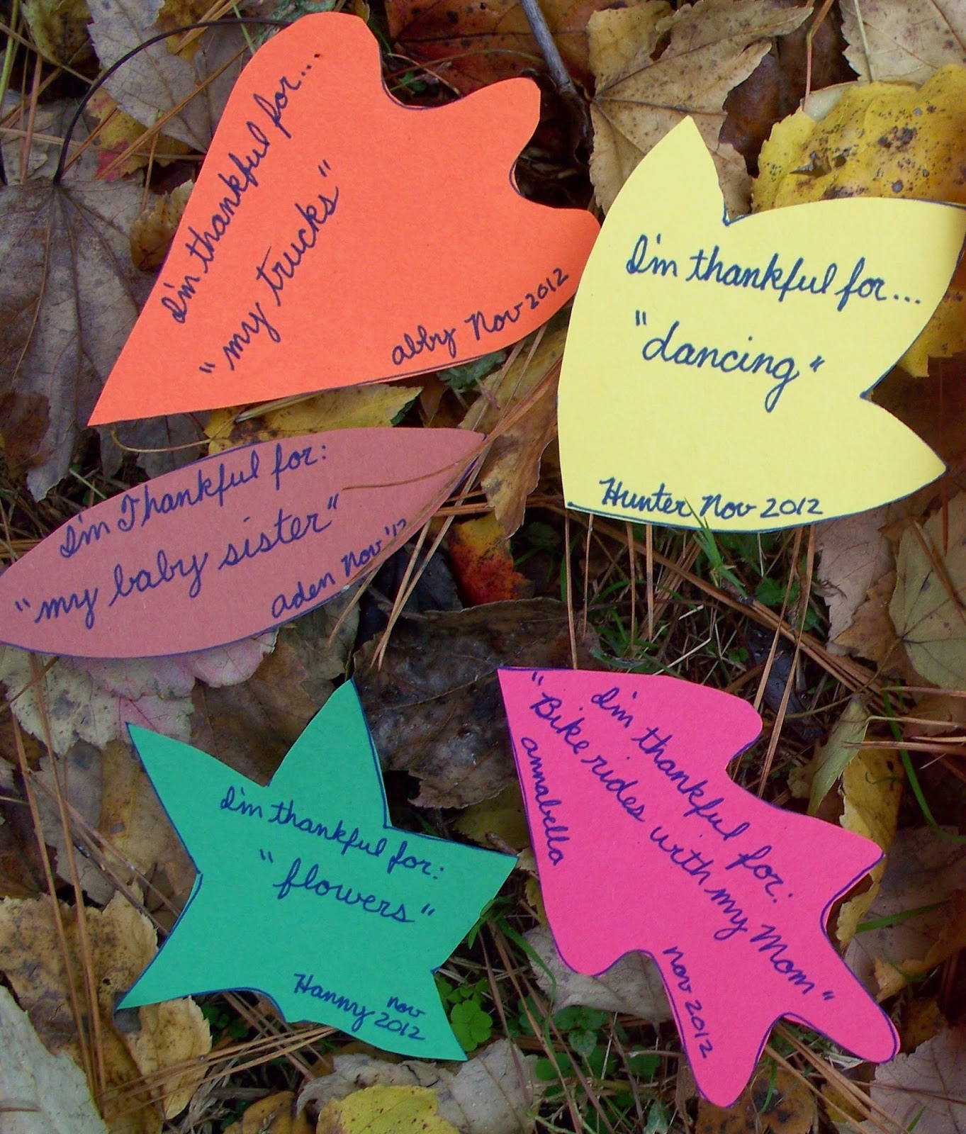 Each leaf lists something that the child is thankful for. 