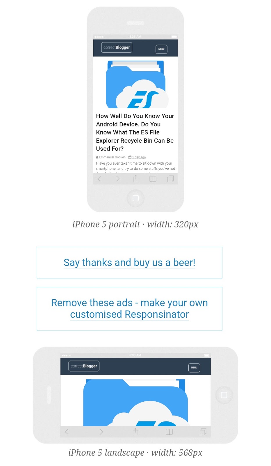 website presented in both portrait and landscape mode, using responsinator