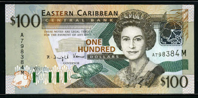 Eastern Caribbean money currency Dollars banknote, Queen Elizabeth