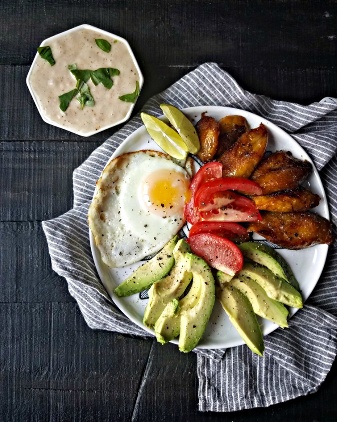 Mango & Tomato Quick & Easy Fried Egg, Sweet Plantains & Avocado