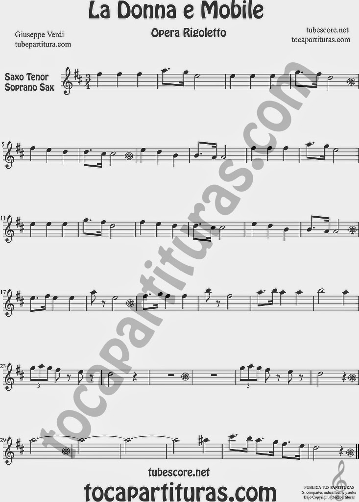   La Donna e Mobile Partitura de Saxofón Soprano y Saxo Tenor Sheet Music for Soprano Sax and Tenor Saxophone Music Scores Ópera Rigoleto by G. Verdi
