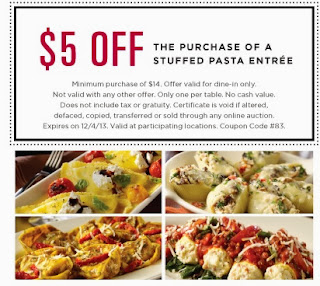 Maggiano's Coupons November 2013: $5 Off Stuffed Pasta Entree