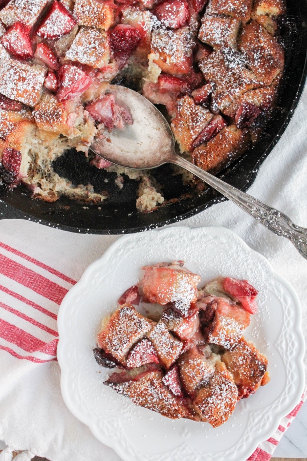 This beautiful and decadent Strawberry Bread Pudding is a delicious twist on classic bread pudding and is perfect for breakfast or brunch!