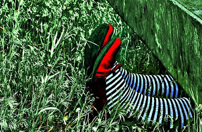 ruby slippers on legs with black and white striped stockings sticking out from under a house