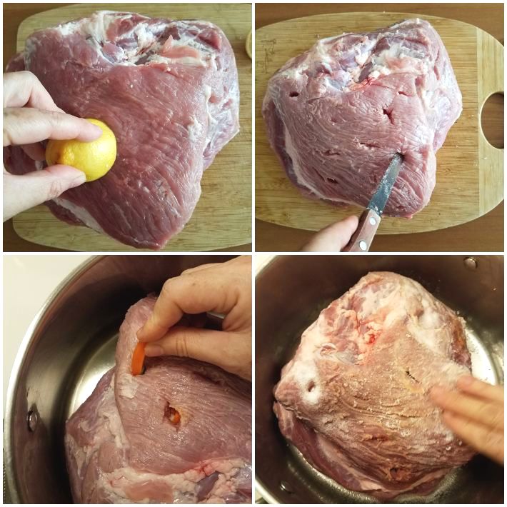 Preparación del pernil de cochino: limpieza de la carne
