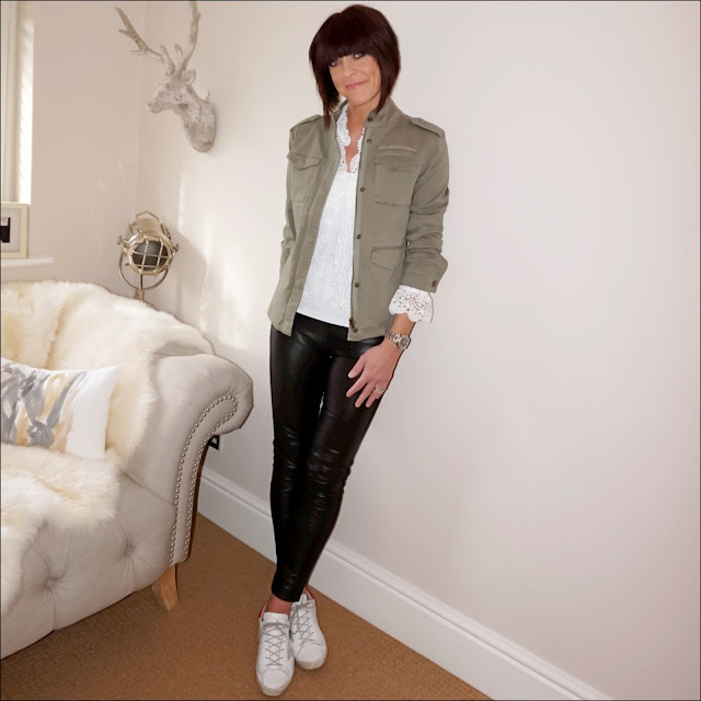My midlife fashion, hush military jacket, zara lace jacket, marks and spencer leather ponte skinny leggings, golden goose super star leather low top trainers