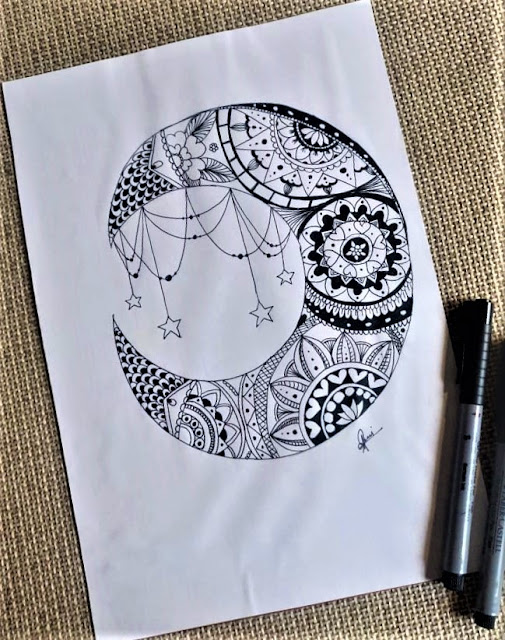 Mandala Drawing Crescent Moon and Stars 