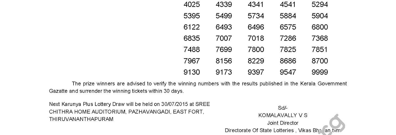 Karunya Plus Lottery KN 67 Result 23-7-2015