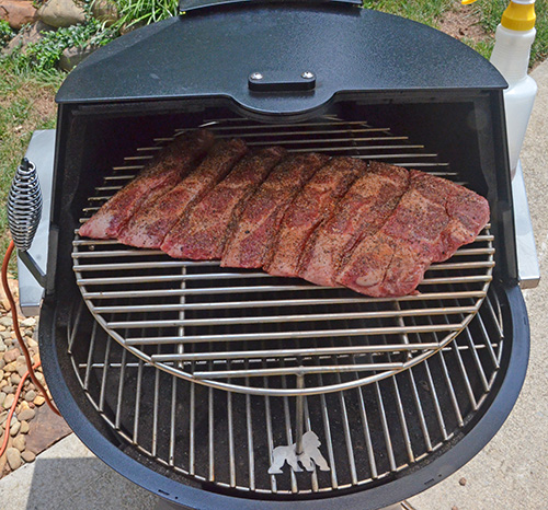 Beef back ribs smoking on the Grilla pellet cooker.