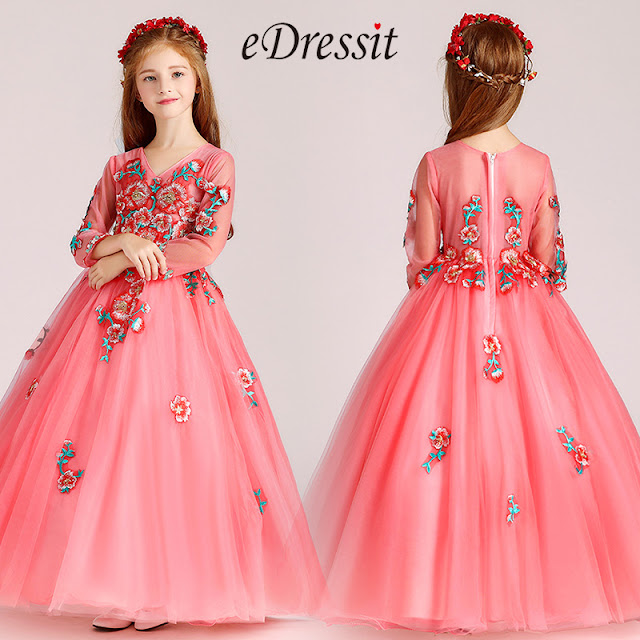 embroidery coral wedding flower girl dress