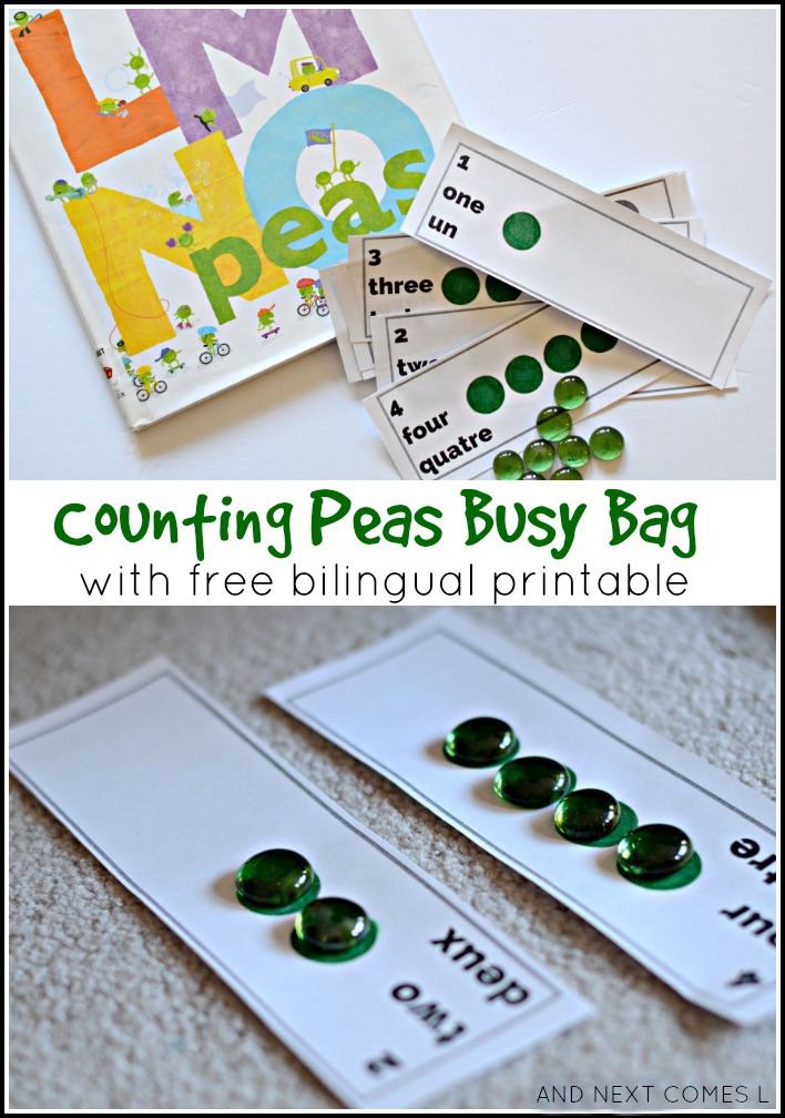 Counting Peas busy bag to accompany the book LMNO Peas {with free bilingual printable} from And Next Comes L