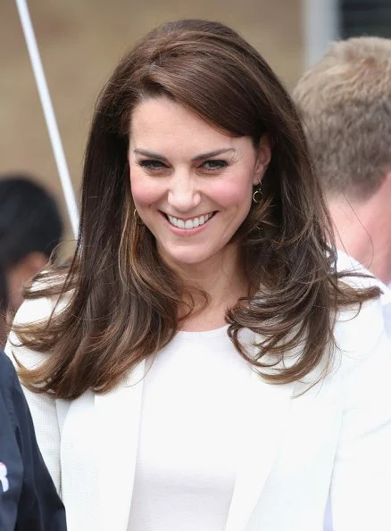 Duchess Catherine of Cambridge Kate Middleton wore ZARA Ivory One Button Blazer. J. Crew Avery Heels. Mirabelle Lolita earrings